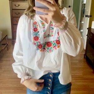 White & Red Floral Boho Peasant Top Size Large